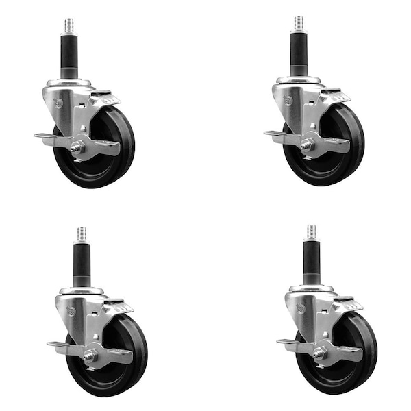 4'' Phenolic Swivel 1'' Expanding Stem Caster Set with Brake, 4PK